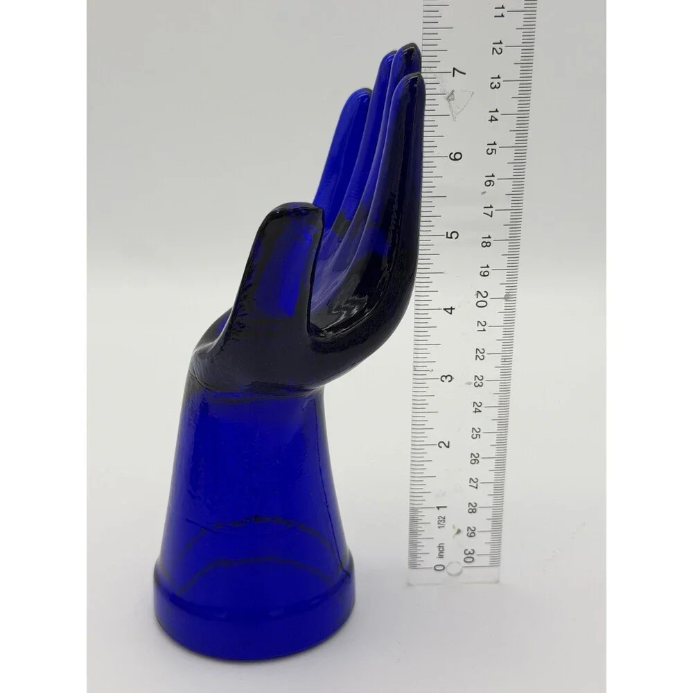 Cobalt Blue Art Glass Ring Holder Jewelry Display Hand 7.5”vintage MCM